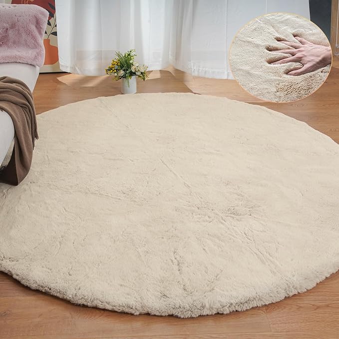 Round Rugs 8ft Shag Washable Fluffy Area Rugs for Bedroom Light Brown Beige Large Circle Faux Rabbit Shaggy Fur Rug for Living Room Nursery Rug