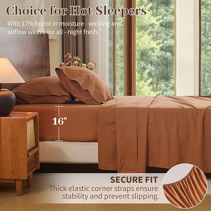 MEISHANG 100% French Pure Linen Sheets California King - Bed Sheets 4 Piece Sets, Soft Durable Flax Linen, Anti-Tear Breathable Oeko-Tex Certified with 16" Deep Pocket (Brown)