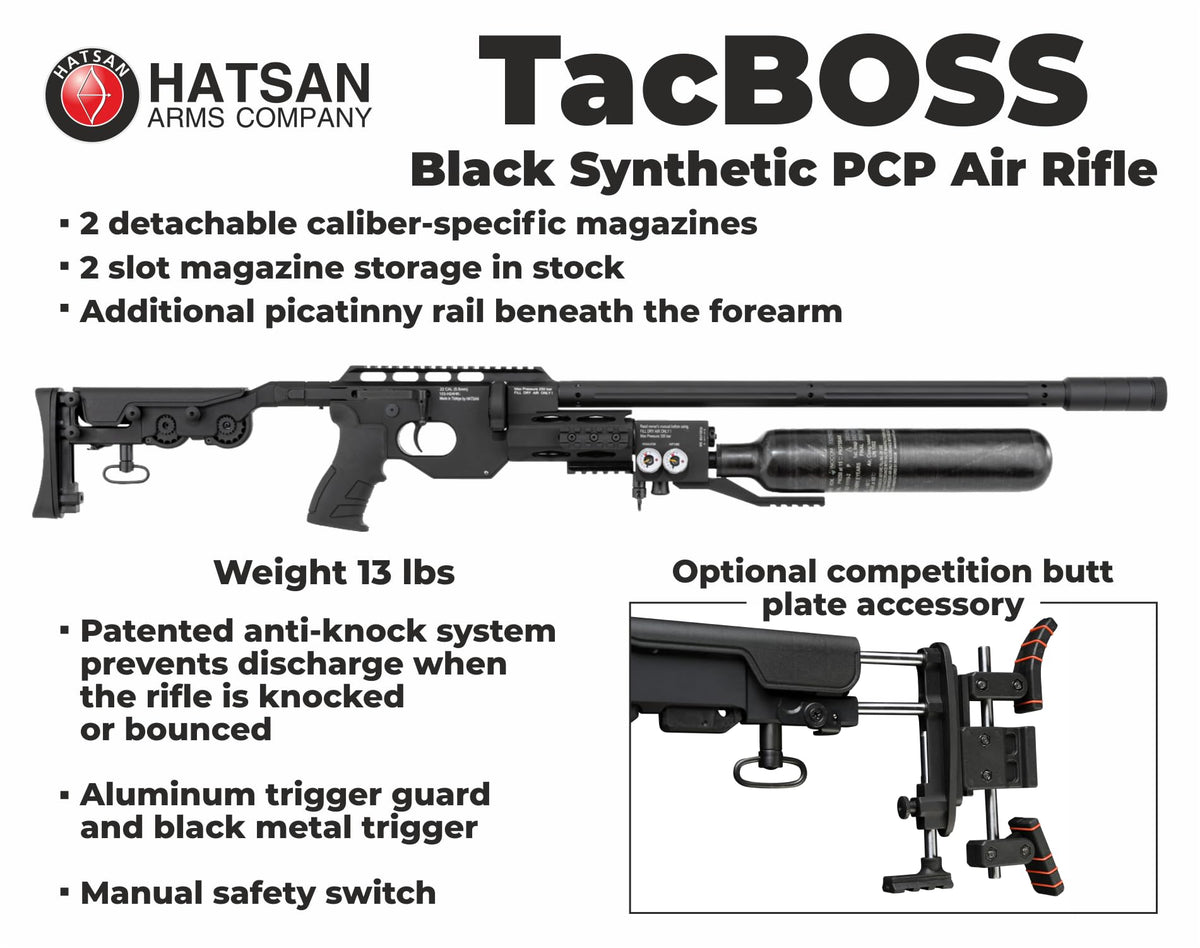 Hatsan TacBoss .25 Cal 905 FPS 37 FPE 14-Shot PCP Black Air Rifle, Side-Lever Action, 580cc Air Cylinder, Dual Pressure Gauges, QE Technology w/ Wearable4U 150x .25cal Pellets & Scope w/Mounts Bundle