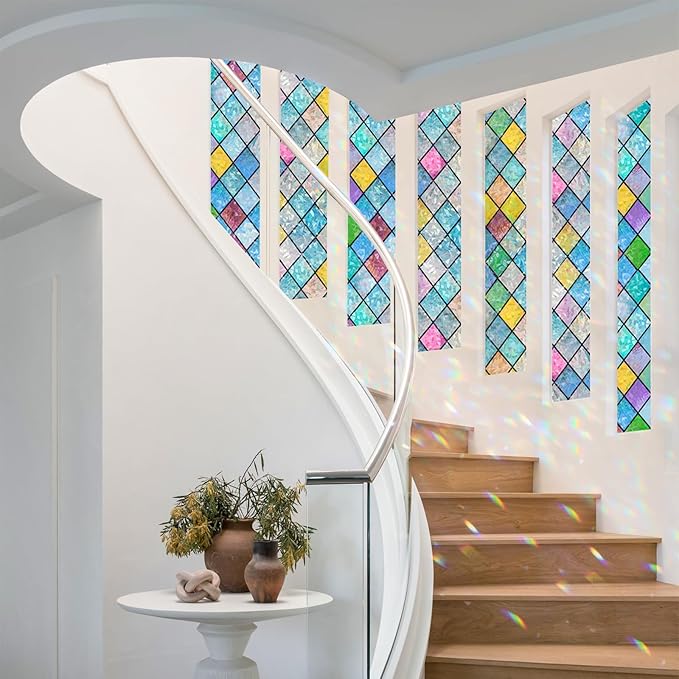 rabbitgoo Stained Glass Window Film Rainbow Film Decorative 3D Privacy Sticker Colorful Lattice Window Decals Cling, Sun Catcher Static Decals for Home 17.5"×118.1"