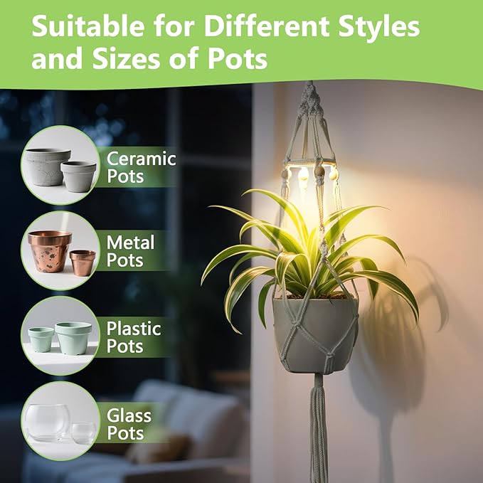 Macrame Plant Hanger with Grow Light: 2 Pack Sturdy Hanging Planters for Indoor Plants, Cute Plant Holder with Plant Light, Perfect for Different Size Pots (Daylight Spectrum)