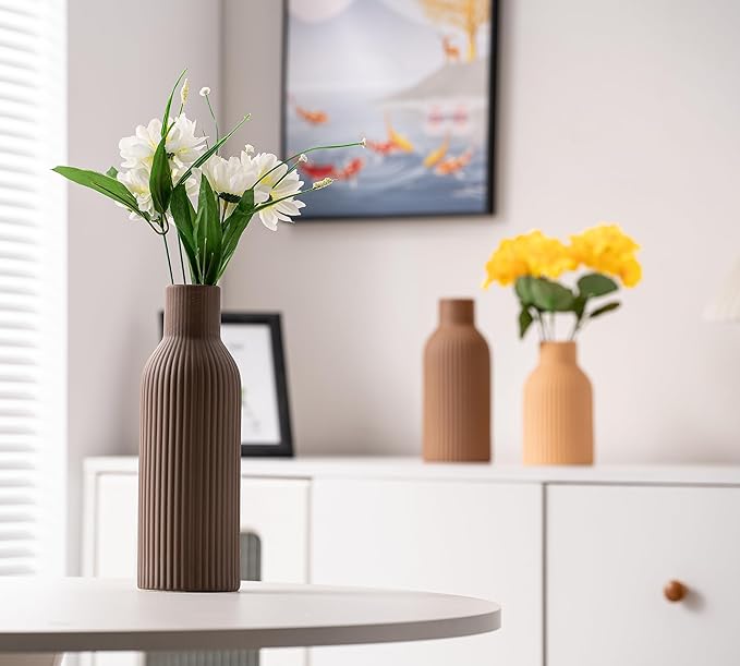 Ceramic Vase Set of 3, Flower Vases for Spring Room Decor, Kitchen Farmhouse, Modern Boho Style(Brown/Dark Brown/Orange)