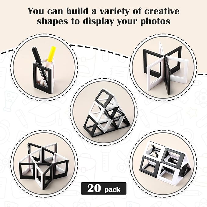 Epakh 20 Packs Magnetic Photo Picture Frame Cute Mini Table Photo Frame Holder 3 Inches Plastic Colorful Picture Display for Fridge Office (Black and White)
