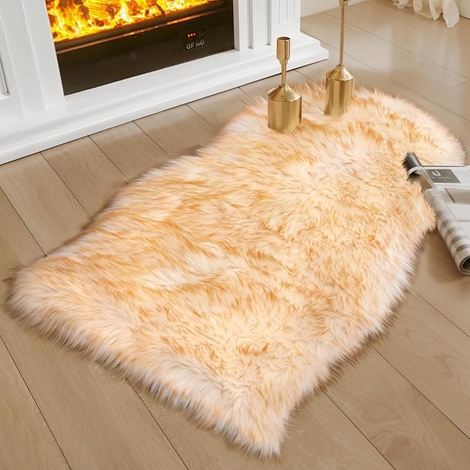 Ciicool Faux Sheepskin Rugs Soft Faux Fur Rug White Gradient Brown Fluffy Chair Couch Cover Fuzzy Carpet for Bedroom Floor Sofa Living Room 2x3 Feet