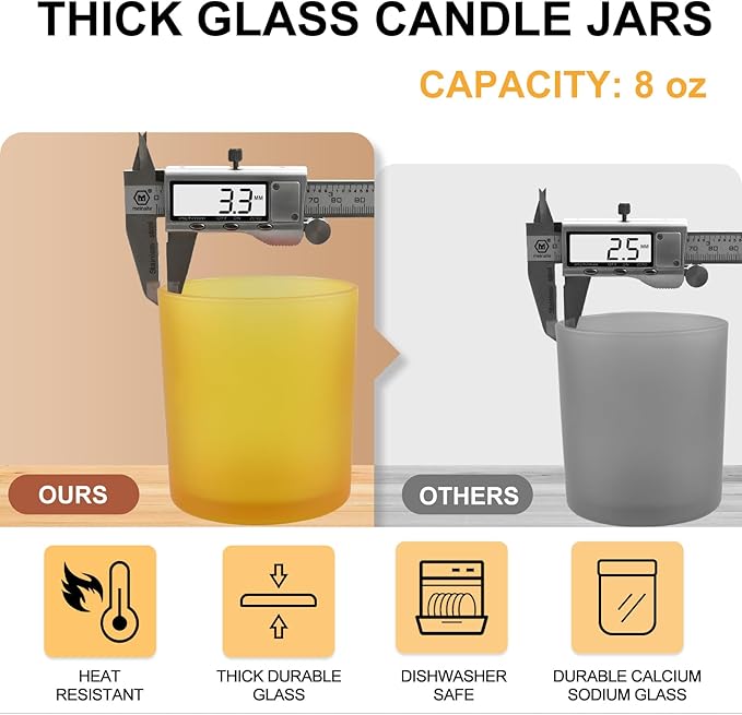 8 OZ Thick Candle Jars for Making Candles 15 Pcs, Empty Jars with Wood Lids for Candle Making, Sample Container, Frosted Yellow