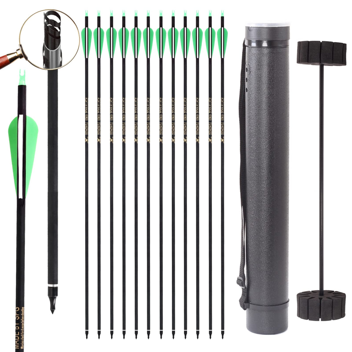 SOPOGER Archery Arrows for Compound Bow and Arrow Quiver Holder Tube, 31 Inch Arrows Practice Arrows for Recurve Bow 12 Packs, 500 Spine Hunting Arrows Carbon Fiber Target Arrow Accessories (Green)