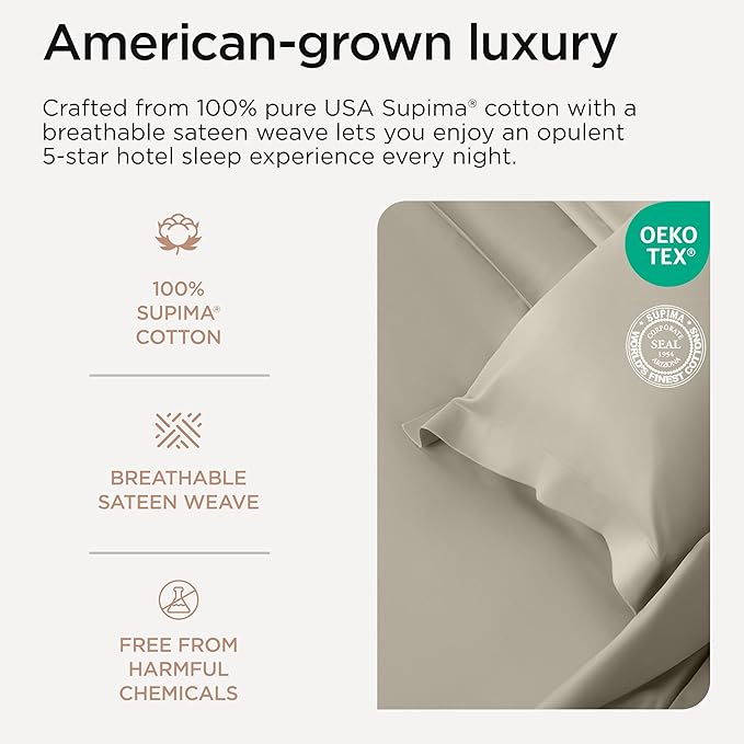 Threadmill King Size Sheets | 800 Thread Count King Bed Sheets Set for King Mattress 16” Deep Pocket | Sateen Weave, Better Than Egyptian Cotton, 4-Piece Bedding Set with Cooling Effect | Taupe