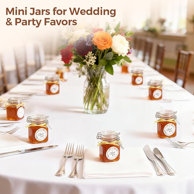 ComSaf 4 oz Glass Jars with Lid, Set of 12 Mini Airtight Glass Jars, Spice Jars, Small Mason Jar, Canning Jar Square with Seal Wire Clip Fastening, Labels & Funnels for Jam, Honey, Kitchen, Wedding
