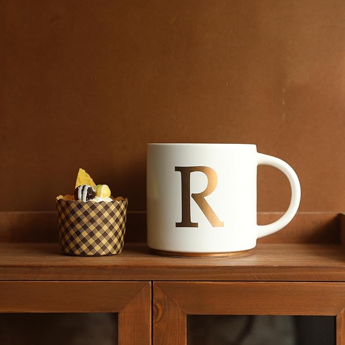 COLLECTIVE HOME - Monogram Ceramic Mugs, 15 oz Golden Initial Coffee Cups, Elegant Alphabet Tea Mugs, Elegant Personalized Mug with Gift Box, Unique Mug with Double Side Capital Letter (R)