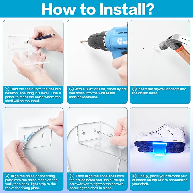 DILIBRA Set of 18 Floating Shoe Display Shelf with Lights, Glow Color Changing Clear Acrylic Shoe Shelf for Wall, Levitating Sneaker Shelves Wall Mount for Display Your Top Shoes Collection
