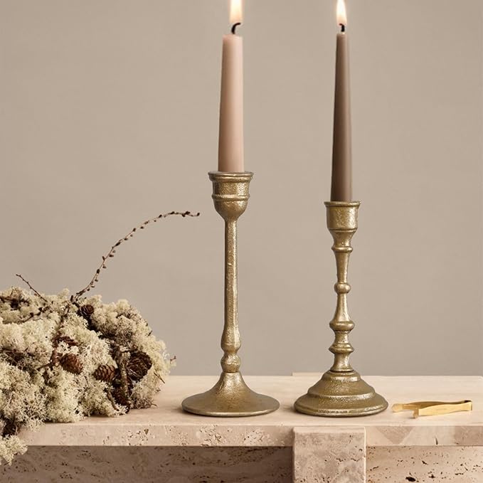 Iron Taper Candle Holder - Set of 2 Decorative Candle Stand - Candlestick Holder for Wedding, Dinning, Party - Antique Brass