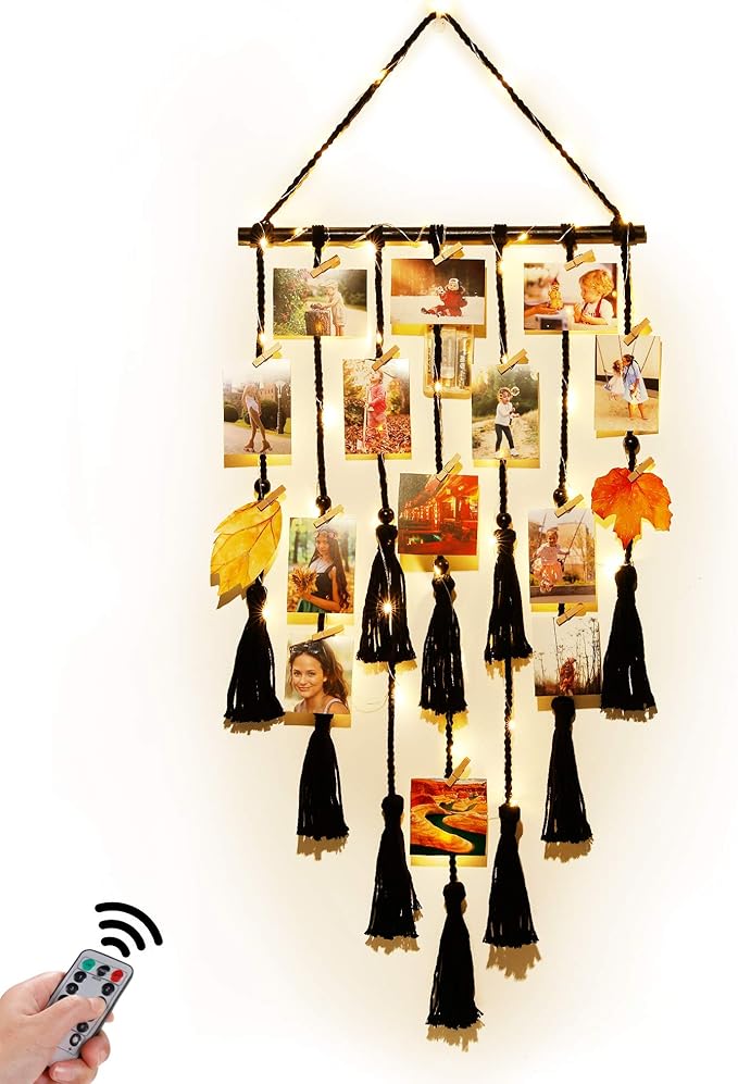 Homecor Hanging Photo Display Wall Decor, Black Macrame Hanging Boho Room Decor, Picture Frame Collage with Remote Light 30 Clips, Bedroom Apartment Home Decor, Christmas Mom Grandma Teen Girl Gifts
