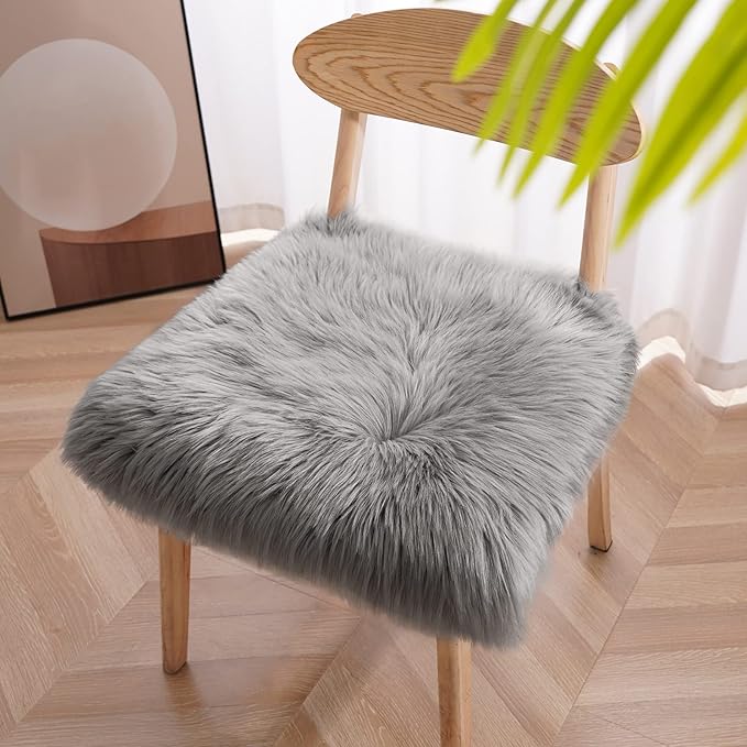 Softlife Grey Faux Fur Sheepskin Chair Cover 2 PCs Seat Cushion Pad Super Soft Area Rugs for Living Bedroom Sofa Dorm (1.6ft x 1.6ft)