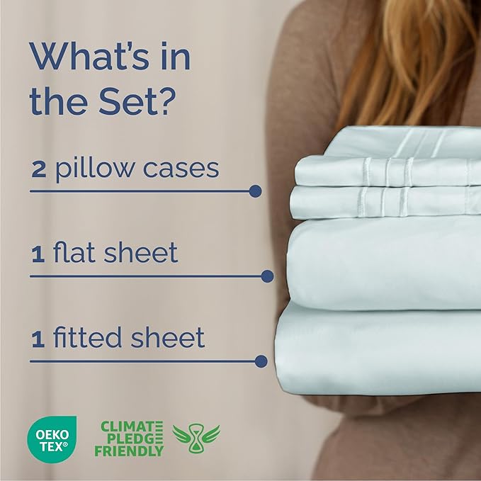 Queen Size 4 Piece Sheet Set - Comfy Breathable & Cooling Bed Sheets Set - Hotel Luxury Bedding for Women, Men, Kids, Teens, Boys & Girls - Deep Pockets, Ultra-Soft, Wrinkle Free - Oeko-Tex - Ice Blue