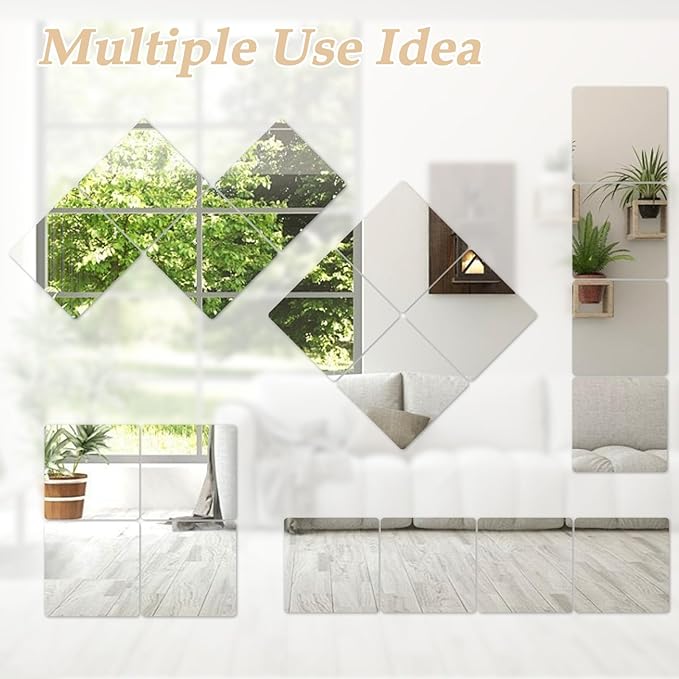 Abyssaly 4 Pack Wall Mirror Full Length, 11.8" x 11.8" Flexible Acrylic Mirror Tiles, Small Plastic Frameless Non-Glass Stick on Espejos Stickers for Bedroom Home Gym Door