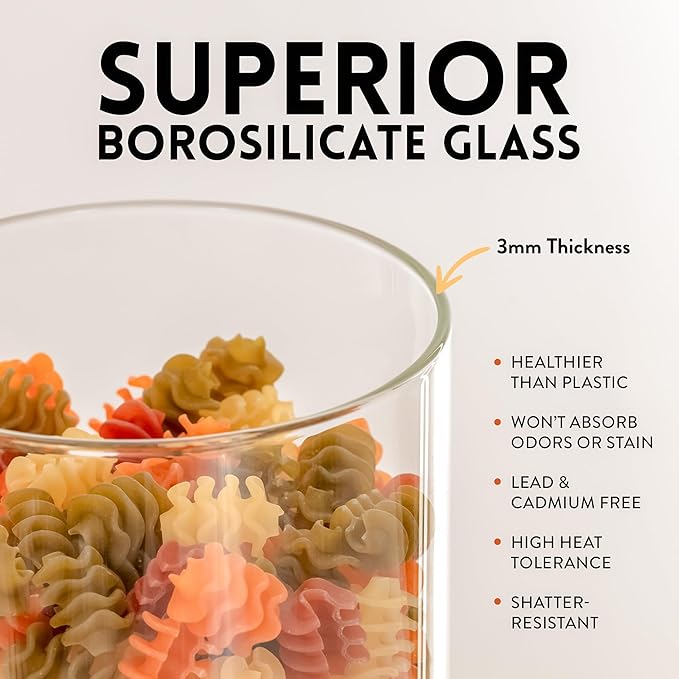 Glass Kitchen Storage Containers with Airtight Silicone Lids, BPA-Free Pantry Glass Jars with Airtight Lid for Pantry Meal Prep, Pasta and Food – Set of 5 with Portion Tool