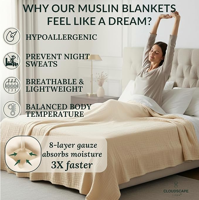 Cloud Scape Linen 8-Layer Muslin Blanket Queen Size - 100% Cotton, Soft and Breathable, Oversized Winter Blanket, Fits up to Full Size Bed, 92x92, Ivory