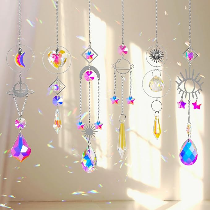 Sun Catchers 6Pieces Colorful Crystals Suncatcher with Chain Pendant Ornaments Hanging Crystals Prism Rainbow for Window Home Indoor Outdoor Car Mirror Garden Christmas Day Party Wedding Decoration