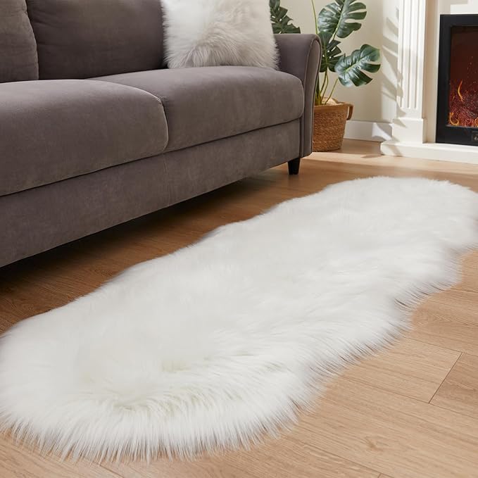 EasyJoy Ultra Soft Fluffy Shaggy Area Rug Faux Fur Rug Chair Cover Seat Pad Fuzzy Area Rug for Bedroom Floor Sofa Living Room (2 x 6 ft Sheepskin, White)