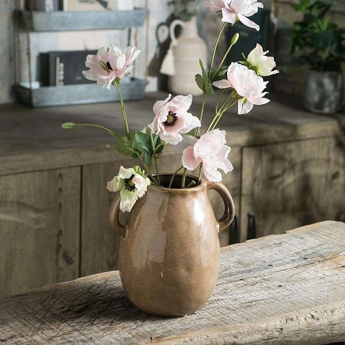 Brown Ceramic Vase with 2 Handles, Modern Farmhouse Decor, Rustic Terracotta Pottery, Decorative Flower Vases, Clay Small Vase, Centerpiece for Dining Table - 7 Inch Tall