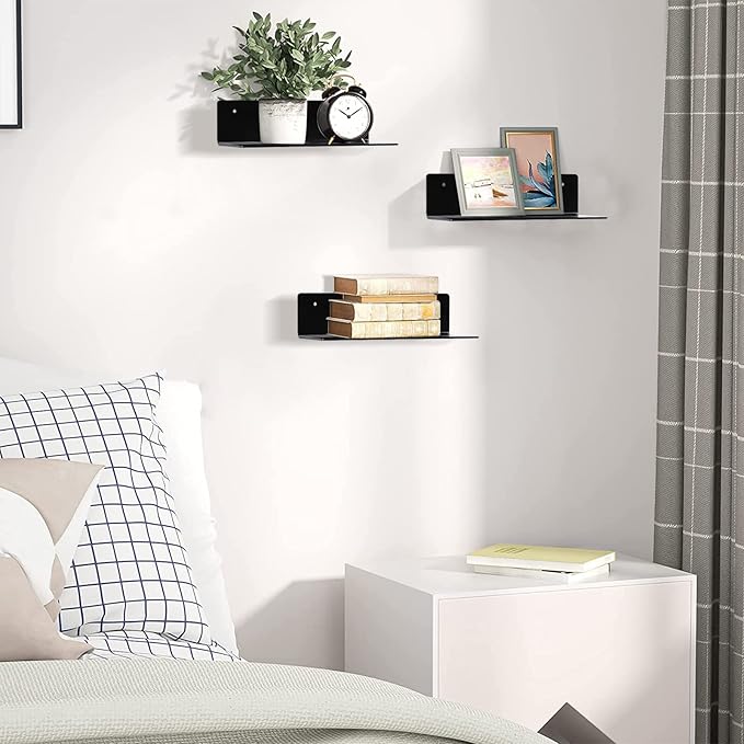 9 Inch Acrylic Floating Shelf No Drill Adhesive Wall Shelf Set of 2 for Funko Pop Storage, Floating Shelves Damage-Free Expand Wall Space for Living Room, Bathroom, Gaming Room, Office - Black