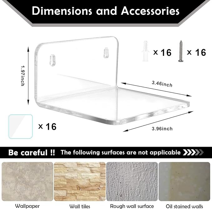 Acrylic Small Shelf,Mini Floating Wall Shelf,Wall Mounted Storage Shelf,for Pop Figures,Plant,Picture Photo Modern Wall for Office Bedroom Living Room,Clear (8 Pack)