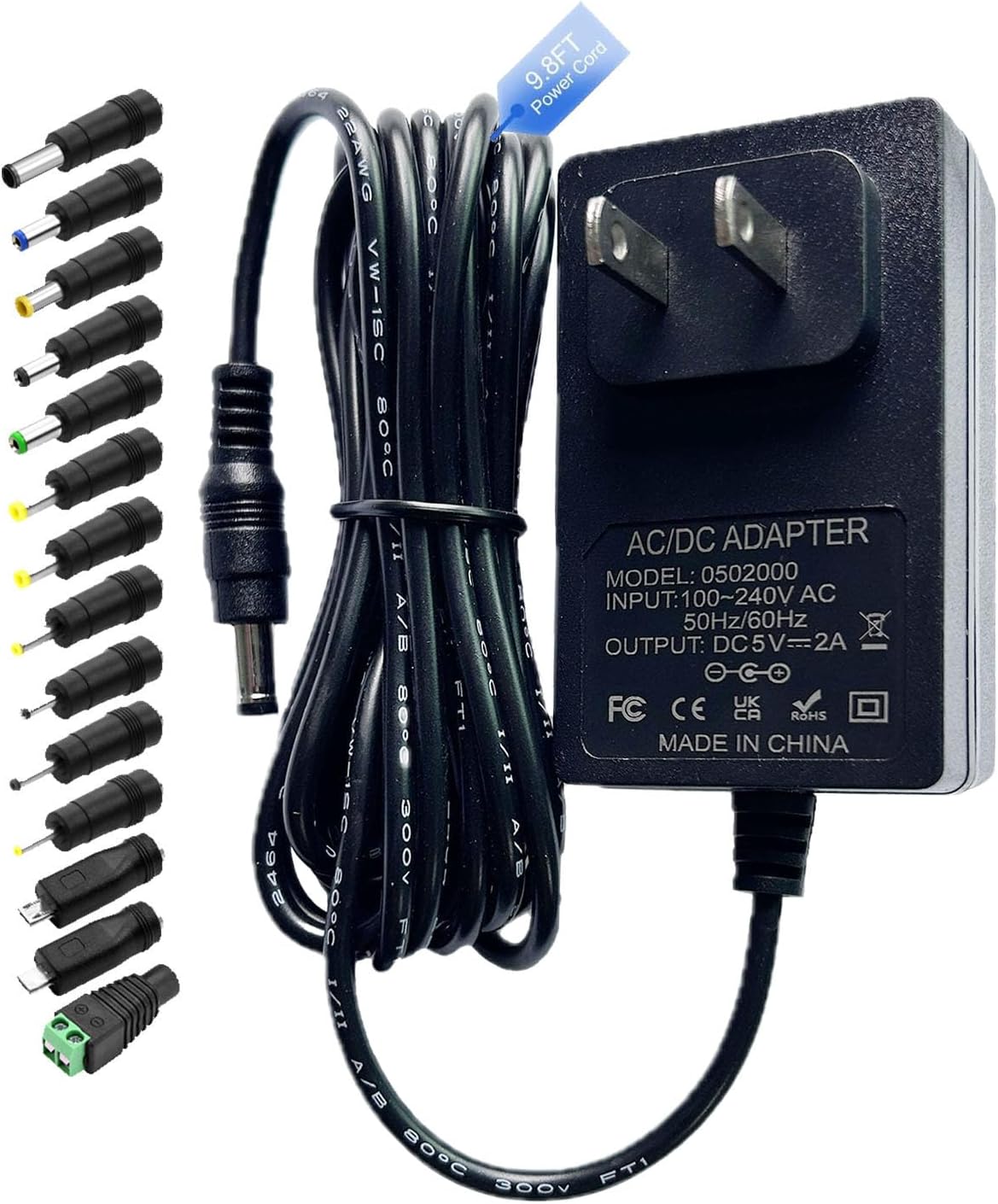 Gilivier 5V 2A 5V 9.8FT 100-240V 5 2 1.5A 1A 0.5A 5.52.5mm 14 Power Supply Adapter DC Power Cord AC to DC Volt Amp