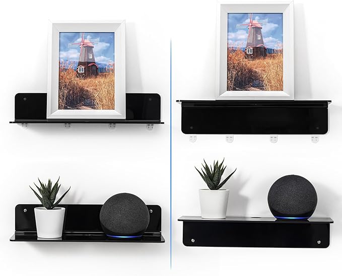 OAPRIRE Black Acrylic Floating Shelves Set of 2 - Damage Free Expand Wall Space - 12 Inch Wall Shelves with Strong Adhesive for Bathroom, Bedroom, etc
