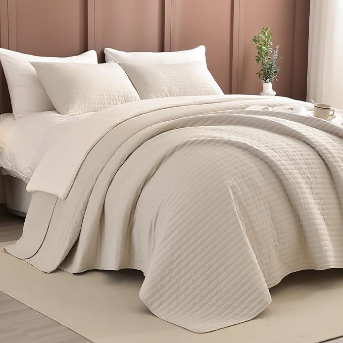 Sanracie Oversized Cal King Bedspread 128"*120" for Extra Bed, 3pcs 100% Cotton Quilt Wheat Colored Ultra Large Wide Oversized King Plus Coverlet Thin Comforter Ultra Soft and Cozy