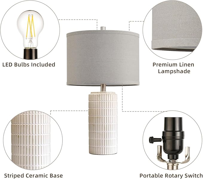 23" Set of 2 Ceramic Table Lamps, Farmhouse Bedside Lamp for Bedroom Living Room Nightstand Entryway, Side Table Lamps Modern Desk Lamp, 2 LED Bulbs Included (Gray)