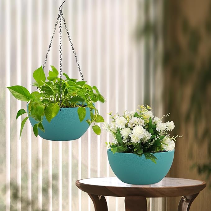 8 inch Small Hanging Planters Plant Pots for Indoor Outdoor Plants, 2 Pack Hanging Flower Pots with Drainage Holes and Chain for Garden, Plastic Hanging Baskets for House Plants, Blue Green