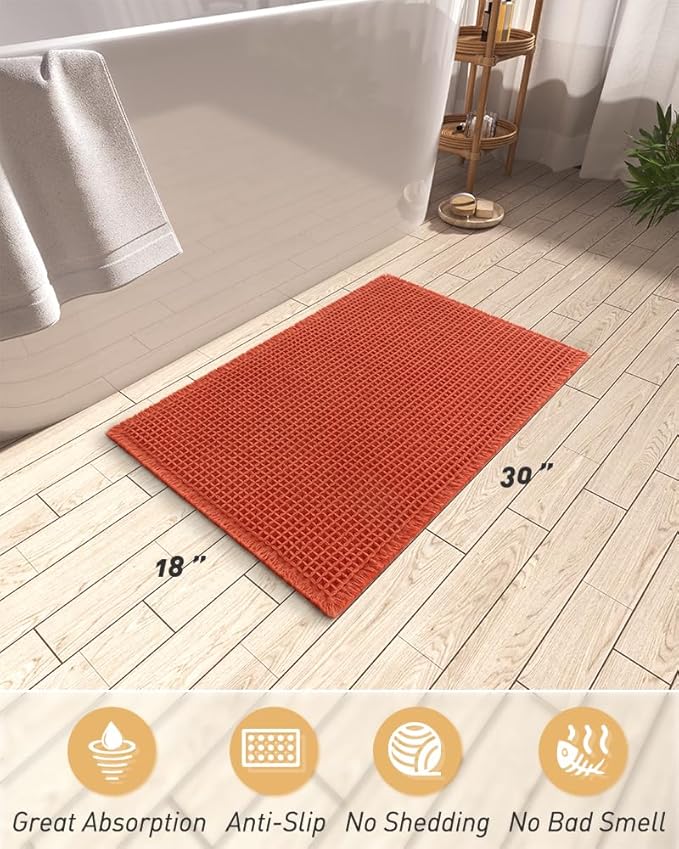 AMOAMI Upgraded Waffle Bath Mat, Super Absorbent Non Slip Bath Mats for Bathroom Floor, Machine Washable Bathroom Rugs with Tassels, Rubber Backed Bathroom Mats, Ultra Soft, 18" x 30", Orange