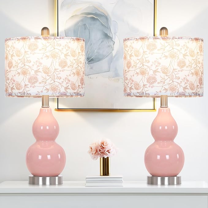 Pink Double Gourd Ceramic Lamps Set of 2 with Flower Lampshade, Modern Table Lamps for Living Room, Contemporary Nightstand Bedside Lamp for Bedrooms End Tables Office Dorm Decor(2 LED Bulbs Included)