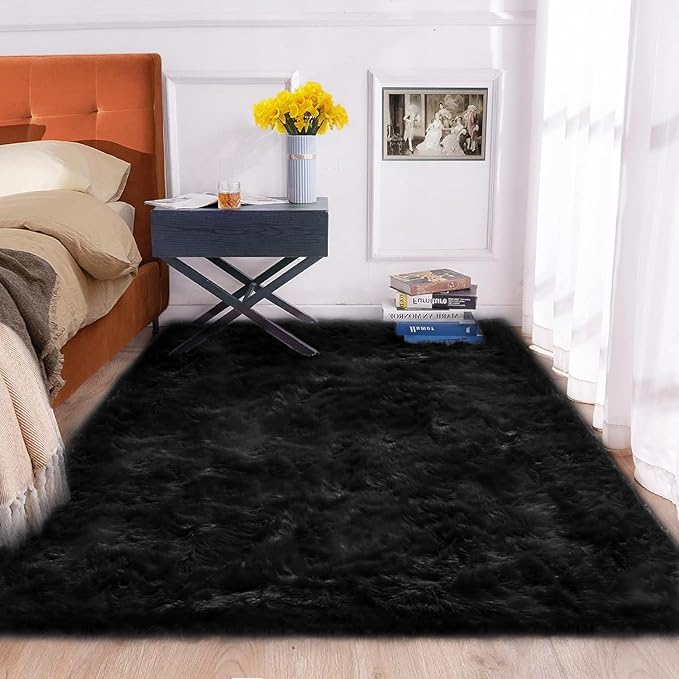Black Rug for Bedroom 5x7 Area Rugs for Living Room Washable Shaggy Sheepskin Fluffy Fur Rug for Girl Room Rectangle Nursery