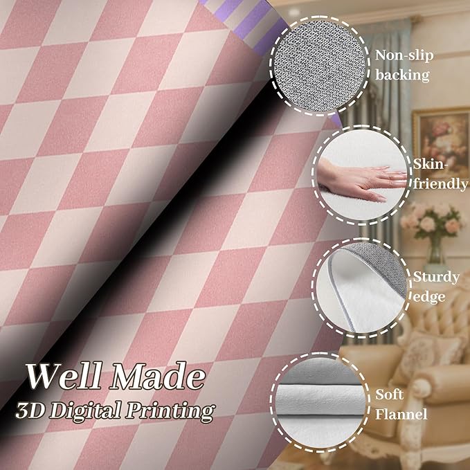 Pink Checkered Long Hallway Rug Runners, 4x12ft, Cute Girly Purple Geometric Design Bedroom Carpets for Girls, Fade Resistant Durable Pet Friendly Easy Clean Carpet for Indoor Porch