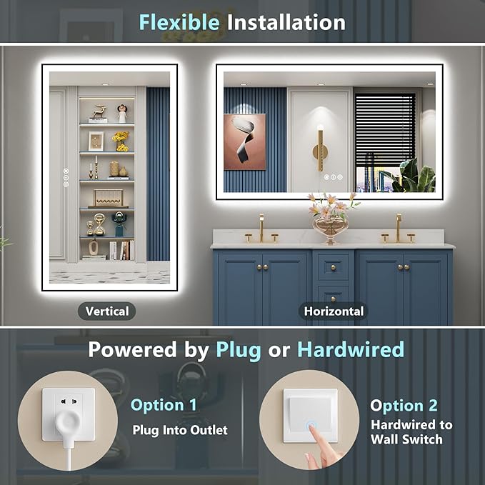55x40 Black Framed LED Bathroom Mirror with Lights, Backlit and Front Lit, Anti-Fog Lighted Vanity Mirrors for Bathroom Wall, Dimmable, 3-Color Light, Memory, Shatter-Proof, HD Tempered Glass
