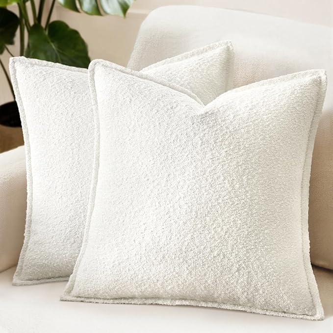 MIULEE Pack of 2 Decorative Textured Boucle Throw Pillow Covers 22x22 Inch Christmas White Broadside Thick Boho Pillows for Farmhouse Accents Sofa Couch Bedroom Living Room Home Decor