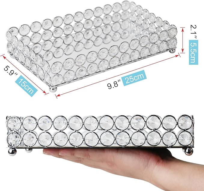 Elegant Silver Crystal Mirror Perfume Tray for Vanity, Coffee Table, and Home Decor - Small Glass Tray for Jewelry, Perfume, and Decorative Items - Bandeja para Perfumes, Perfume Trays for Dresser