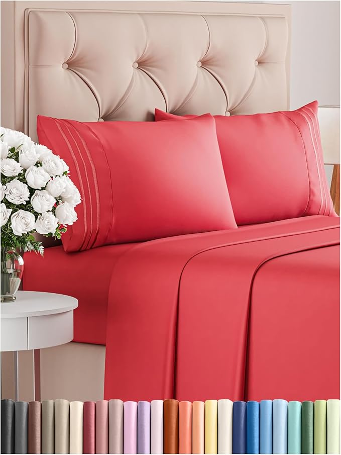Cal King Size 4 Piece Sheet Set - Comfy Breathable & Cooling Bed Sheets Set - Hotel Luxury Bedding for Women, Men, Kids, Teens, Boys & Girls - Deep Pockets, Ultra-Soft, Wrinkle Free - Oeko-Tex - Red