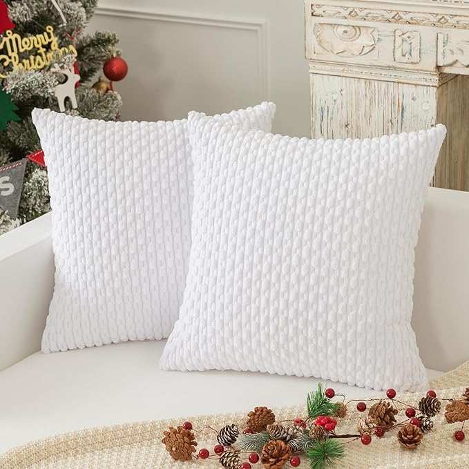 Kevin Textile Velvet Pillow Covers Striped Decorative Throw Cushion Case with Hidden Zipper for Home Couch/Bedroom 2 Pack (24x24 Inch Pure White)