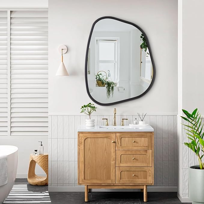 Black Asymmetrical Mirror Large 26"x18" Irregular Oval Wall Mirror Modern Wood Frame Unique Shape Wall Mounted Vanity Artistic Mirror Decorative for Living Room Bedroom Bathroom Entryway Hallway