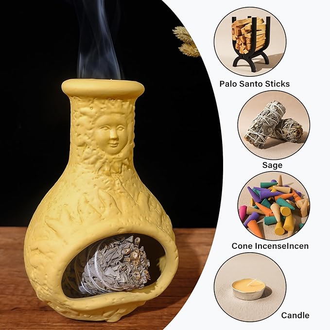 Palo Santo Burner Holder,Yellow Mini Chiminea with Chimney Handmade Smudge Bowl fits sage, Incense Cones, Sticks, Small Candle; with ash Collection. Great for Zen Meditation, Altar Fireplace
