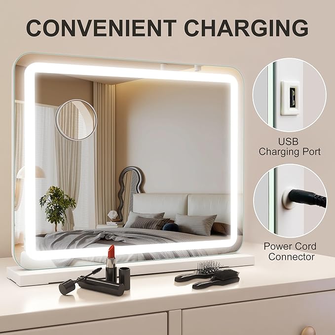 STARLEAD 22.8" x 18.2" Makeup Mirror with Lights and 10X Magnification, 3-Color Dimmable LED Lighting & Touch Control, USB Charging Port for Travel/Dressing Room