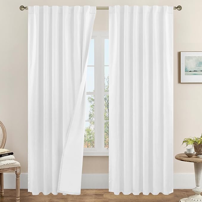 LAMIT White 100% Blackout Linen Curtains, 84 Inches Linen Textured Living Room Farmhouse Curtains Full Room Darkening Back Tab and Rod Pocket Burlap Panels with White Liner, 2 Panels, 52 x 84 Inch