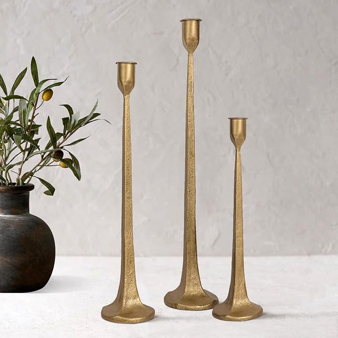 Iron Taper Candle Holder Set of 3 - Decorative Tall Candle Stand, Candlestick Holder for Wedding, Dining Table, Party Decoration (Antique Brass)
