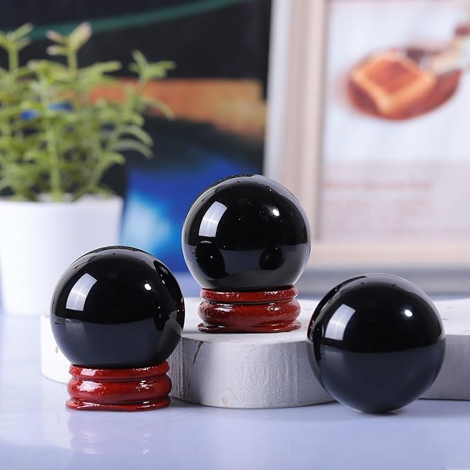 Sportmusies Natural Black Obsidian Stone Sphere with Wooden Stand, Polished Crystal Ball Decoration for Home & Office