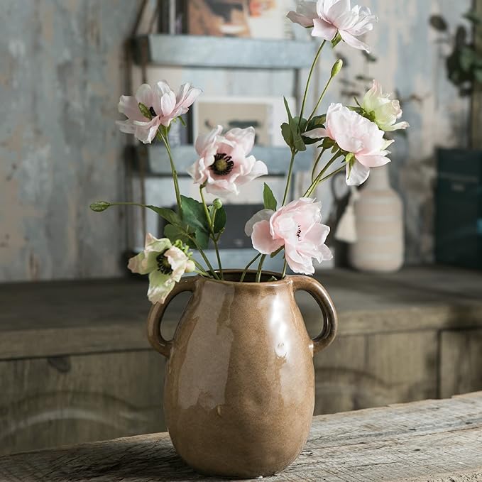 Brown Ceramic Vase with 2 Handles, Modern Farmhouse Decor, Rustic Terracotta Pottery, Decorative Flower Vases, Clay Small Vase, Centerpiece for Dining Table - 7 Inch Tall