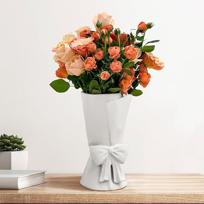 White Ceramic Bow Vase Unique Cute Decorative Bouquet Flower Vases 9.64 in Valentine's Day Decor Vase