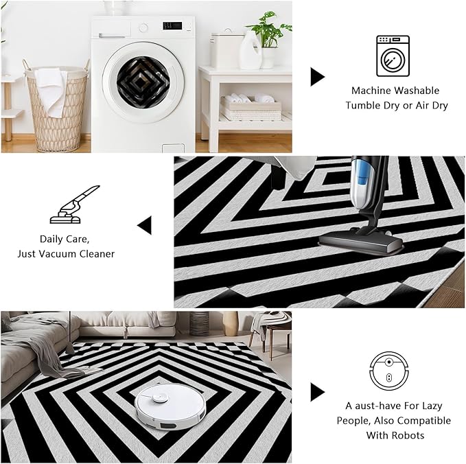 Black and White Rug 7x9, Checkered Soft Thin Indoor Floor Mats Carpet, Non-Slip Stain Resistant Washable Rugs, Modern Rhombus Geometric Rugs for Living Room, Farmhouse Rug