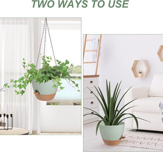 Hanging Planters for Indoor Outdoor Plants, 1 Set Self Watering Hanging Pot with Drainage Holes & Removable Tray (Green-12inch, 12'')